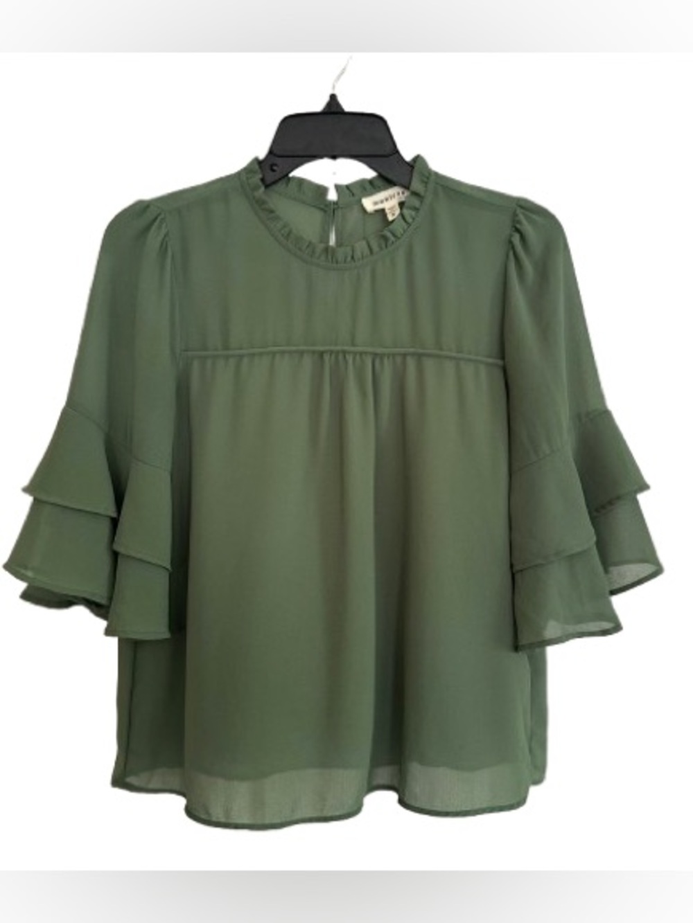 Monteau Blouse Top Green Ruffle Sleeve Chiffon Lined Blouse Top Small